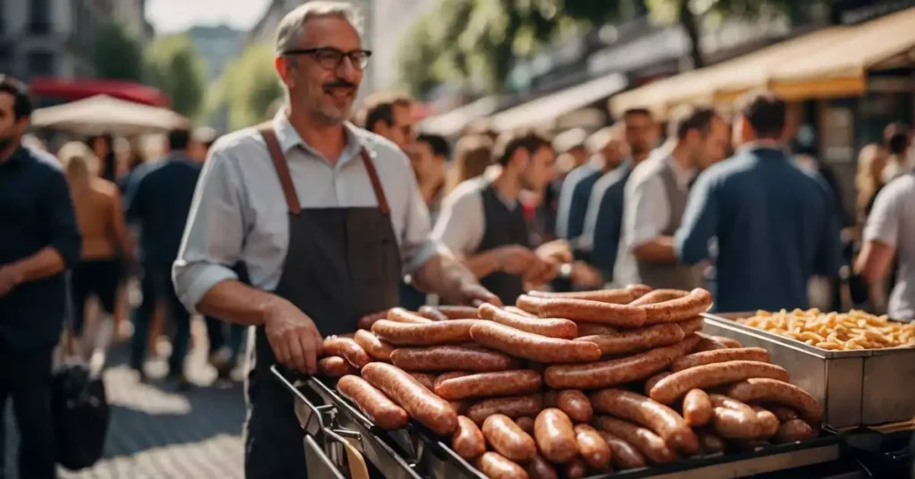 A crowded street in Frankfurt, Germany, with a vendor selling traditional sausages from a cart, surrounded by curious onlookers