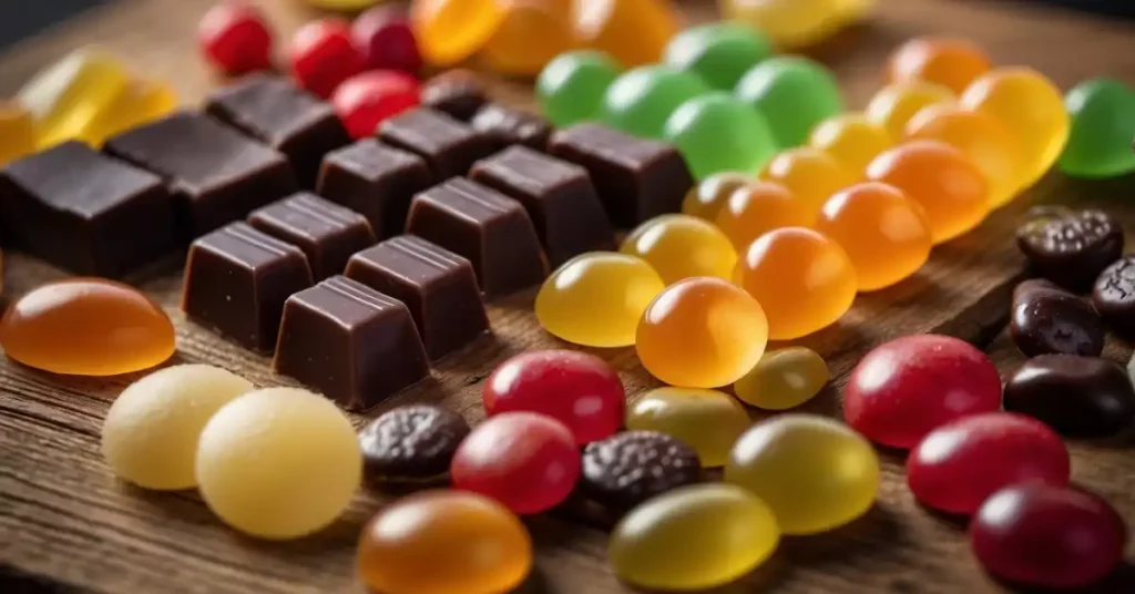 A variety of German candies displayed on a wooden table, including gummy bears, chocolate bars, marzipan, and licorice