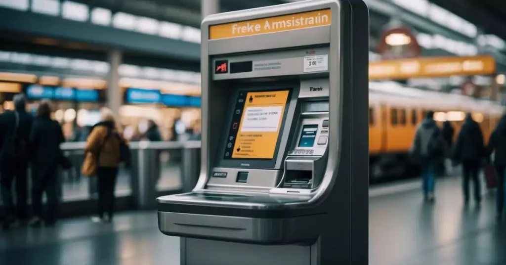 A ticket machine in a bustling train station, displaying "Frankfurt to Amsterdam" with a clear purchase button