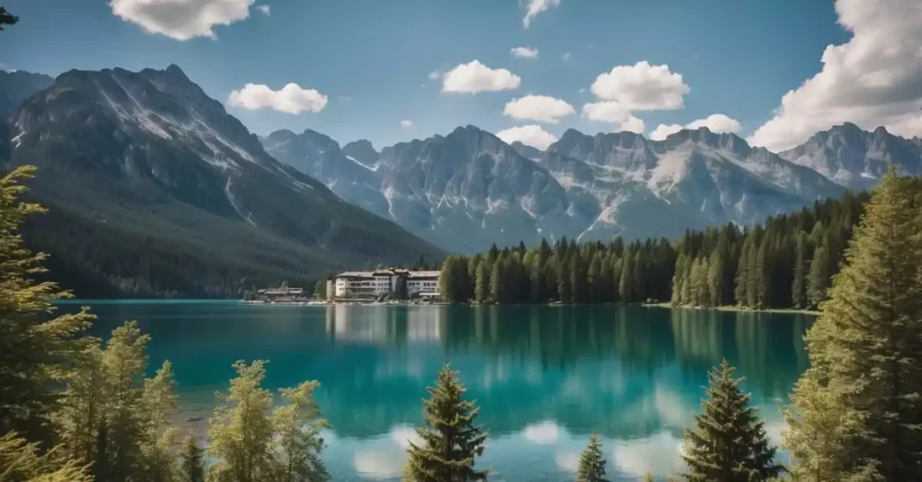 The Eibsee offers a picturesque view of the surrounding mountains, with a clear blue lake reflecting the lush greenery and a cozy hotel nestled in the distance