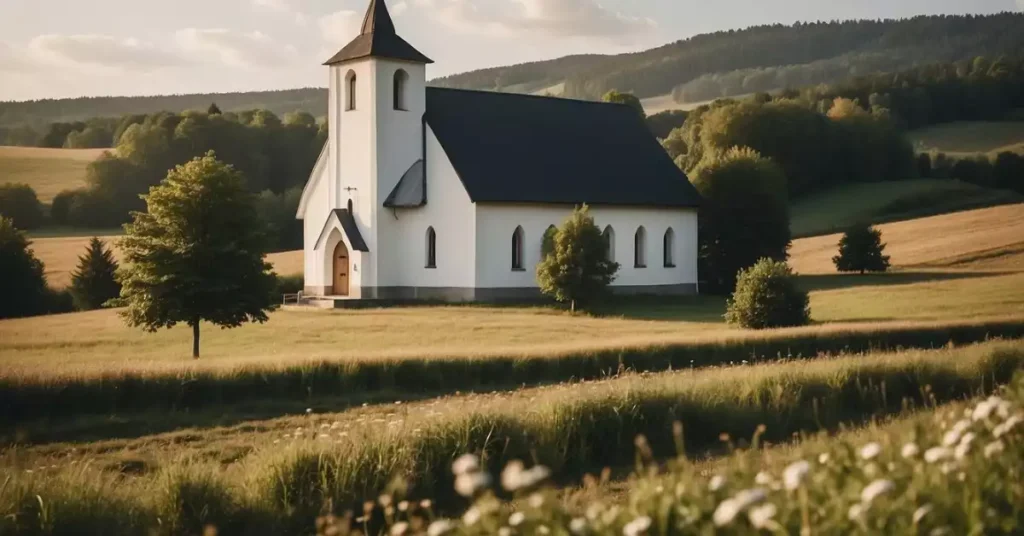 A German Baptist church with a simple, white exterior nestled in a rural setting, surrounded by fields and a peaceful, serene atmosphere