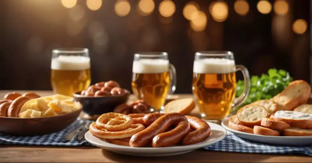 A table set with various German appetizers, such as pretzels, sausages, and cheese, alongside traditional beer steins and a Bavarian flag in the background