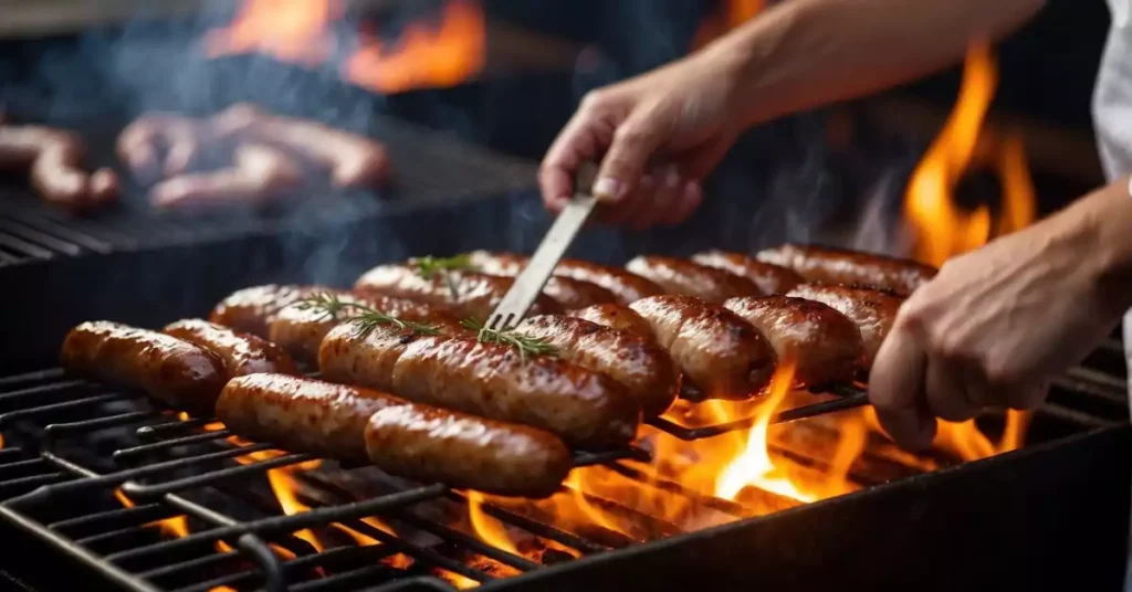 A chef grills frankfurt sausages over an open flame, turning them with tongs until they are evenly browned. Steam rises from the sausages as they sizzle on the hot grill
