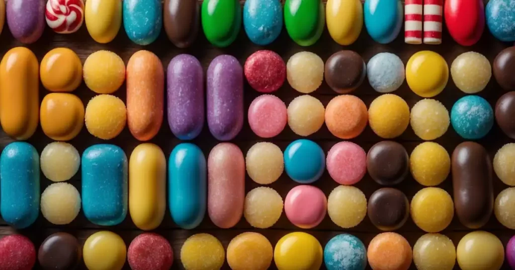 A colorful display of iconic German candy brands arranged in neat rows on a rustic wooden table