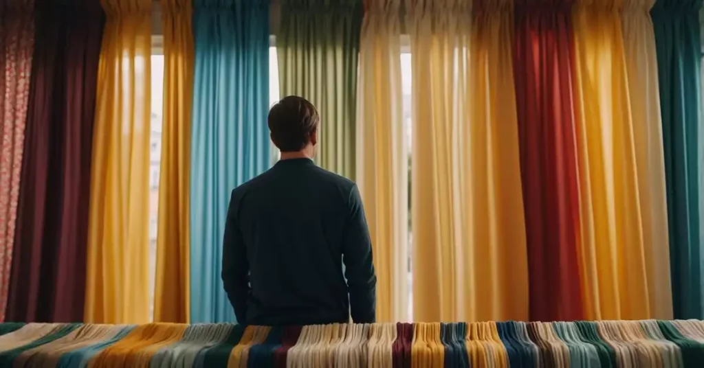 A customer browsing through a variety of colorful German curtains in a home decor store