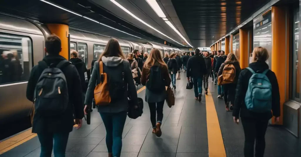 Passengers boarding and exiting trains at Frankfurt and Amsterdam stations