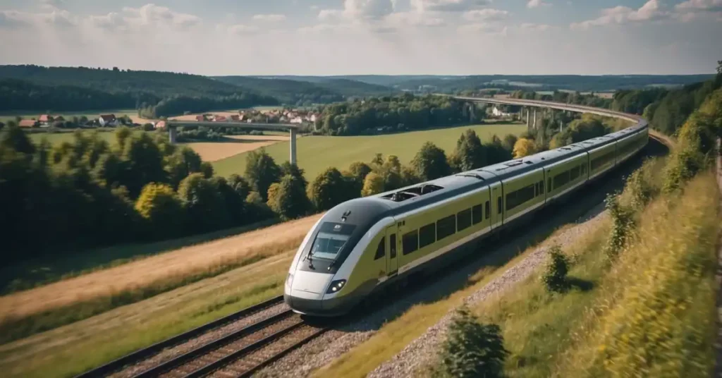 Passenger trains speeding through German countryside, with modern highways and bustling cities in the background