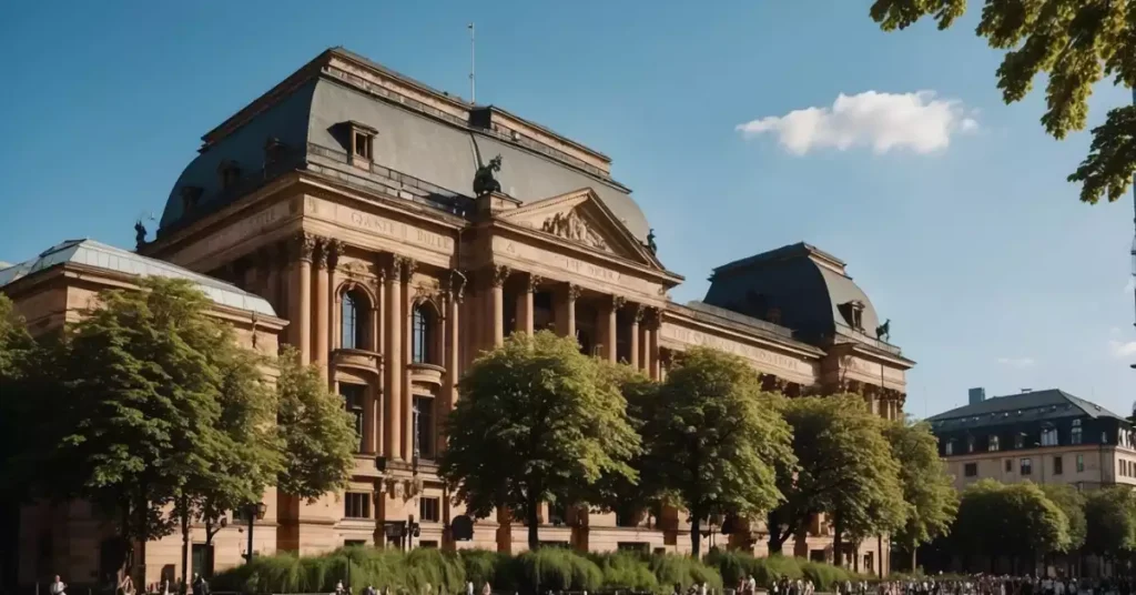 The grand facade of Alte Oper Frankfurt stands tall, framed by lush greenery and bustling with activity