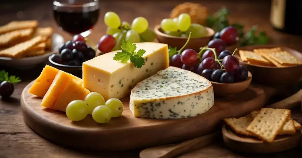 A platter of assorted cheese-based German appetizers arranged on a wooden board with crackers, grapes, and garnishes