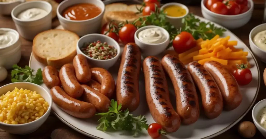 A platter of sizzling frankfurt sausages, surrounded by a variety of condiments and garnishes, ready to be paired with an assortment of breads and cheeses