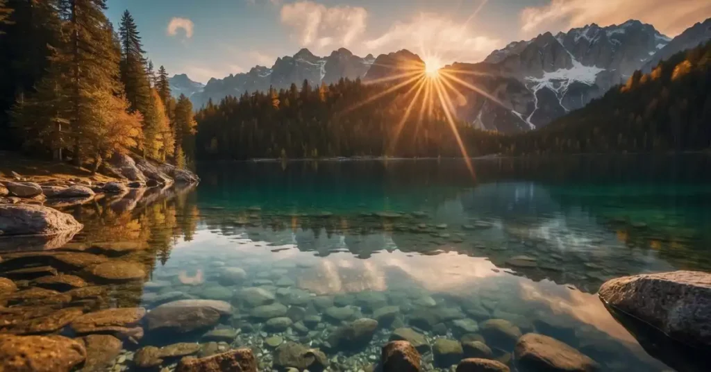 The sun sets behind the snow-capped mountains, casting a warm glow over the crystal-clear waters of Eibsee. The surrounding trees and lush greenery add to the serene and picturesque setting