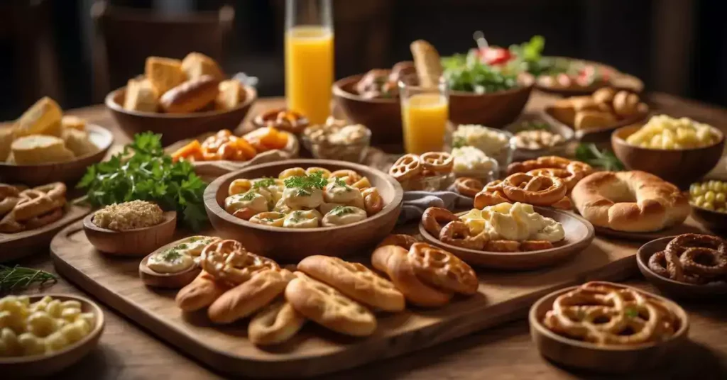 A table adorned with a variety of German appetizers, including bread and pretzels, arranged neatly on wooden serving platters