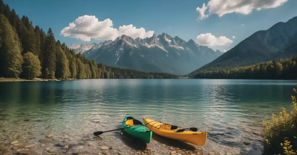 People swimming, kayaking, and sunbathing at the scenic Eibsee lake. A picturesque backdrop of the Bavarian Alps and lush greenery completes the tranquil scene