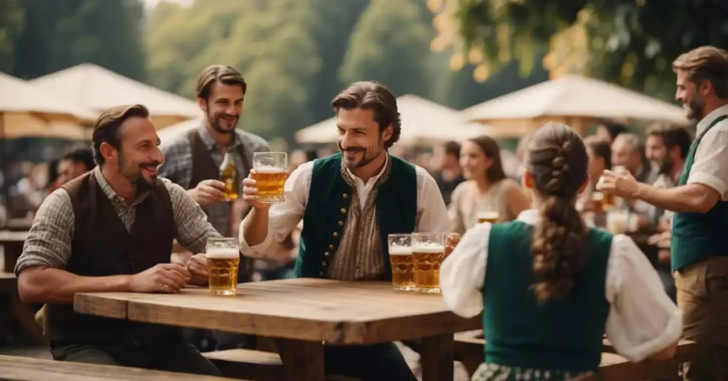 A traditional beer garden with wooden tables, pretzels, and beer steins. A band plays lively music while people in traditional Bavarian clothing socialize
