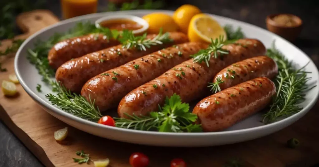 A platter of juicy frankfurt sausages, glistening with savory flavors and surrounded by herbs and spices