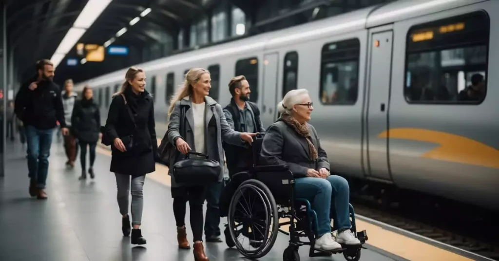 Passengers with wheelchairs board the accessible train car in Frankfurt, while staff assist those with special needs