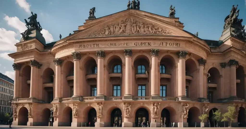 The grand facade of Alte Oper Frankfurt stands tall, adorned with intricate carvings and statues, symbolizing the city's rich cultural heritage