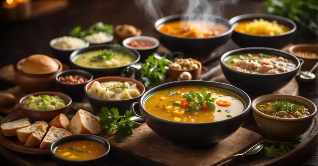 A table set with steaming bowls of German soups and broths. A variety of traditional appetizers surround the dishes