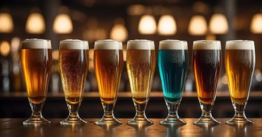 A row of Bavarian beer glasses, each filled with a different brew, showcasing the varying colors and foam levels