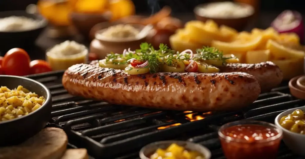 A sizzling frankfurt sausage on a grill, surrounded by various condiments and toppings, such as mustard, ketchup, onions, and sauerkraut