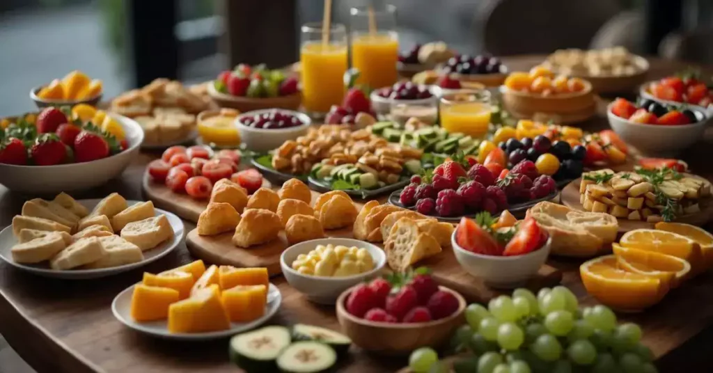A table spread with assorted German appetizers, featuring colorful vegetable and fruit treats