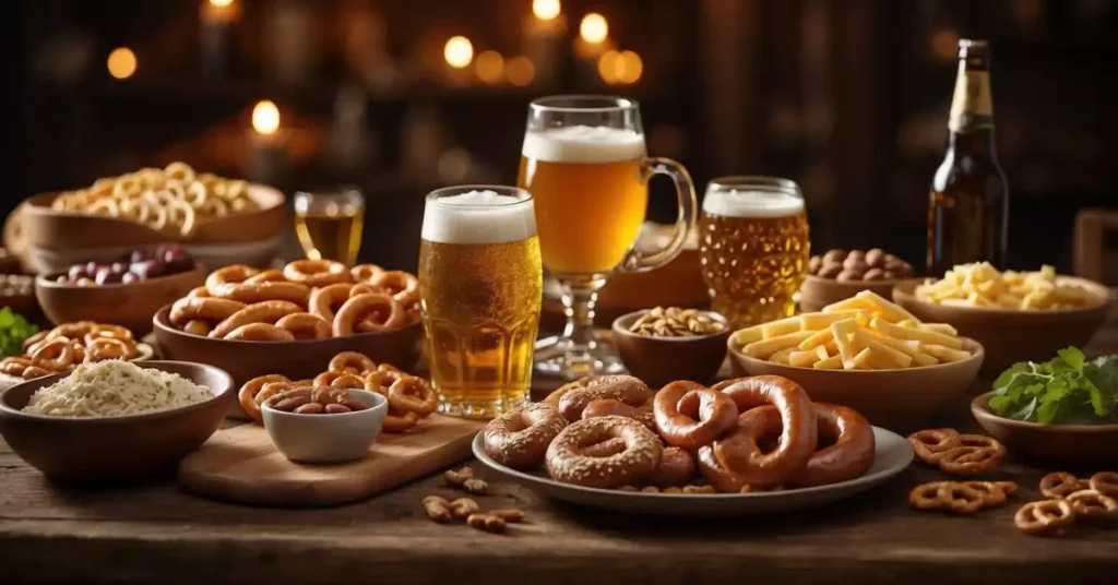 A table set with traditional Bavarian foods and a variety of beers, showcasing the perfect pairing of pretzels, sausages, and cheeses with the different beer styles