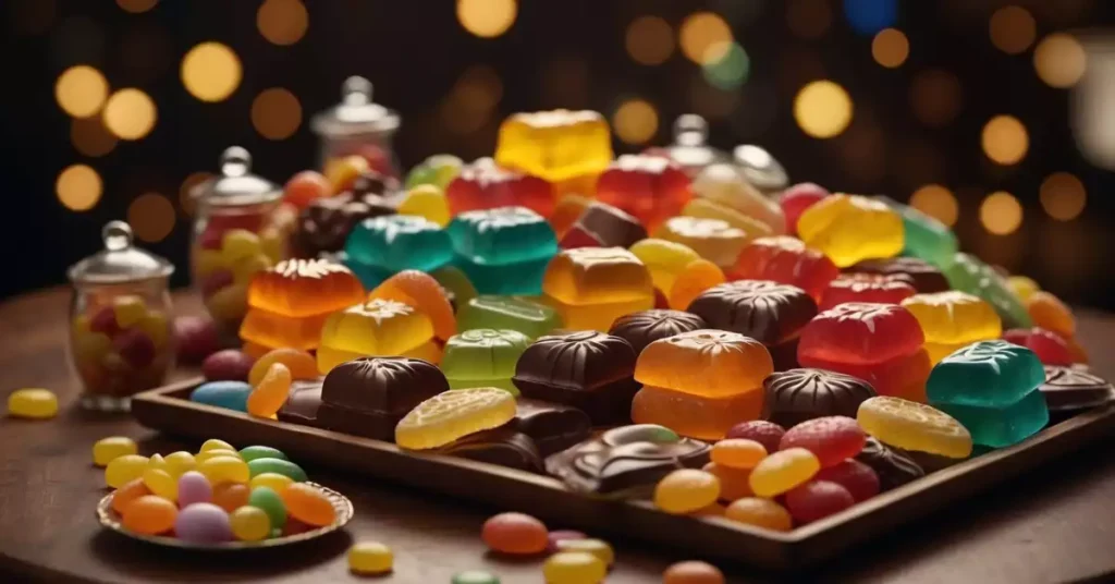 A table adorned with colorful German candies, including marzipan, gummy bears, and chocolate bars. Traditional packaging and labels add to the cultural representation