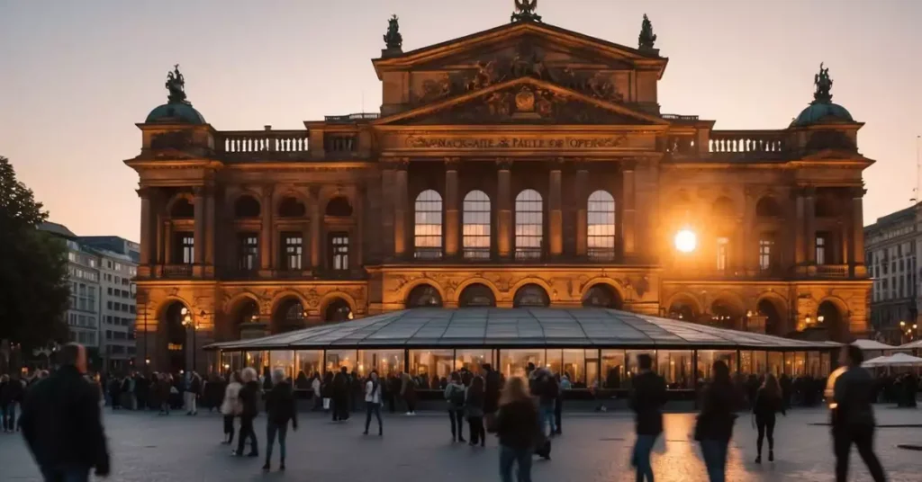 The sun sets behind the historic Alte Oper in Frankfurt as visitors gather outside, reading informational signs and maps