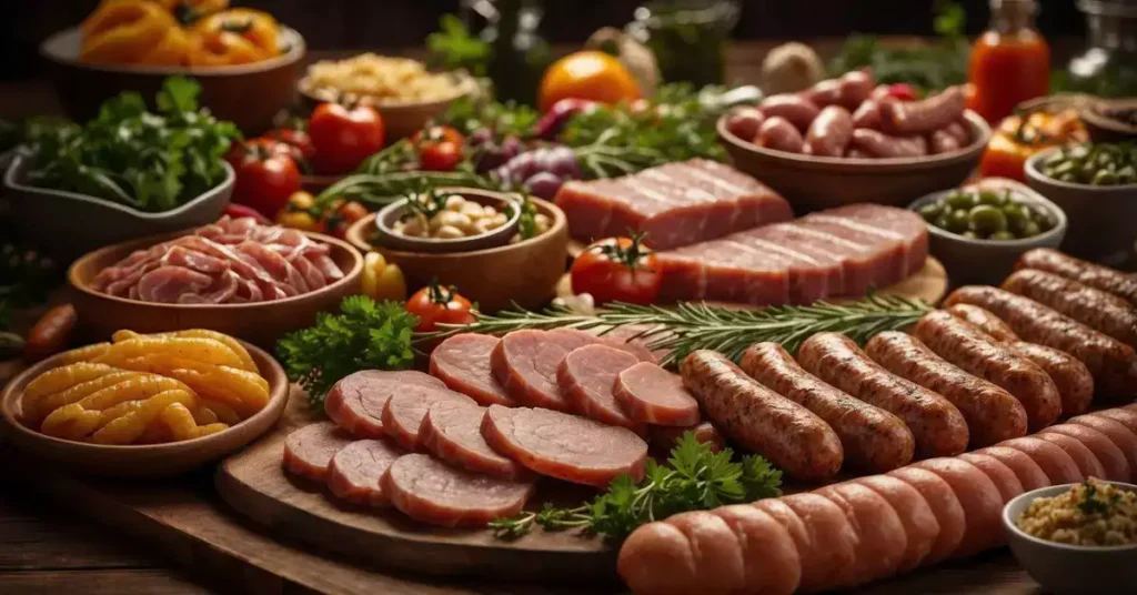 A table displays an assortment of German meats and sausages, arranged neatly with garnishes and condiments