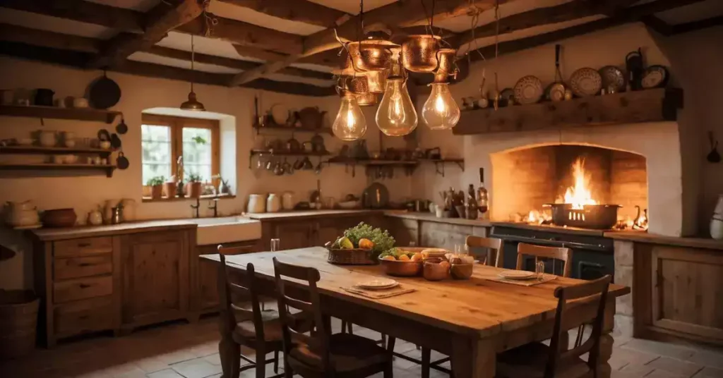 A rustic bavarian kitchen with a large wooden dining table surrounded by traditional chairs. Copper pots and pans hang from the ceiling, and a warm fireplace crackles in the background