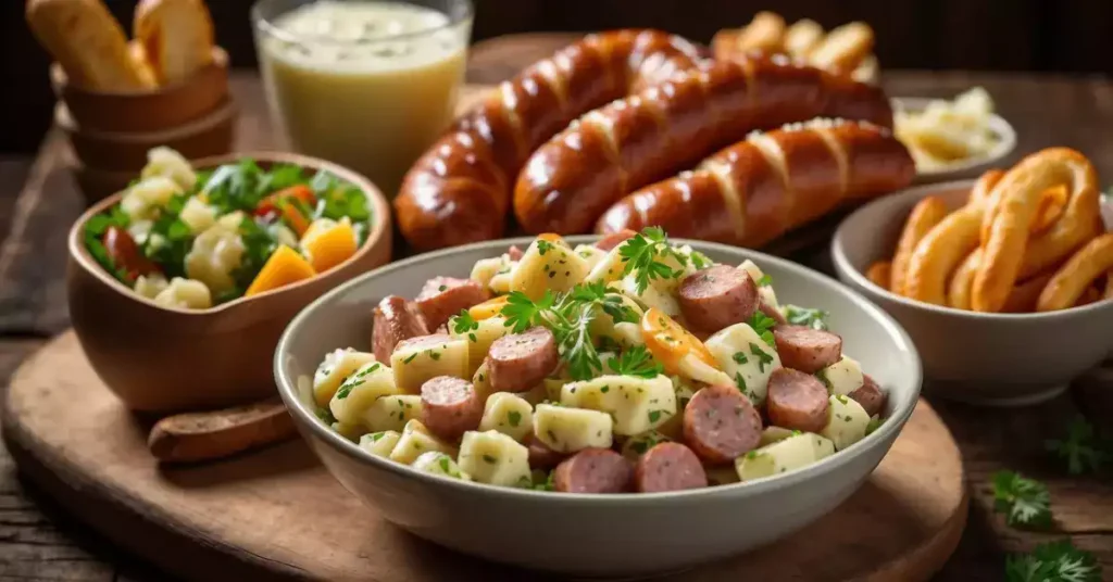 A bowl of bavarian potato salad next to a platter of grilled sausages and a basket of soft pretzels on a rustic wooden table