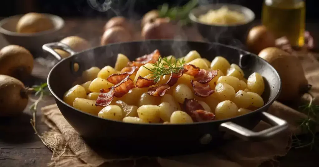 Potatoes, onions, and bacon being fried in a skillet. Vinegar, mustard, and broth being mixed in a bowl. Ingredients being combined in a large bowl