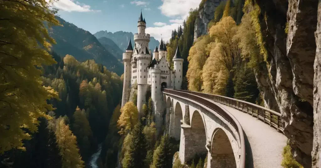 A stone bridge spans a narrow gorge beneath Neuschwanstein castle, offering visitors an elevated view of the surrounding landscape