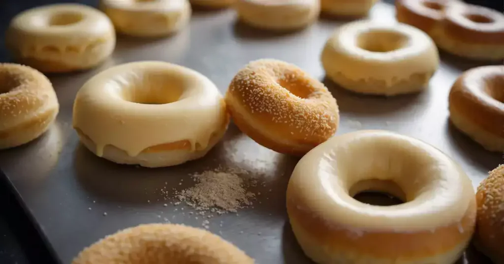 Dough being rolled out, cut into circles, filled with Bavarian cream, and then sealed to create donut shape