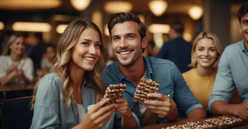 People savoring German chocolate bars, smiling and passing them around