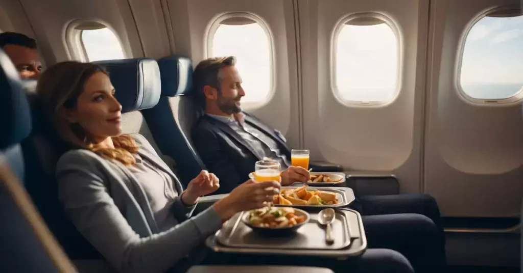 Passengers enjoying inflight meals, watching movies, and reclining in comfortable seats on a NYC to Frankfurt flight