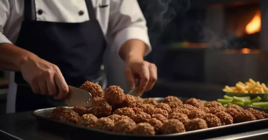 A chef shapes ground meat into small balls, then fries them in a sizzling pan until golden brown