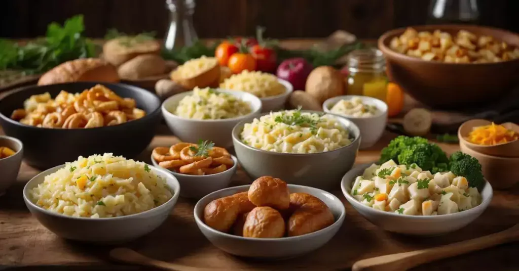 A table set with hearty German side dishes, including sauerkraut, potato salad, and pretzels, alongside a variety of meat accompaniments