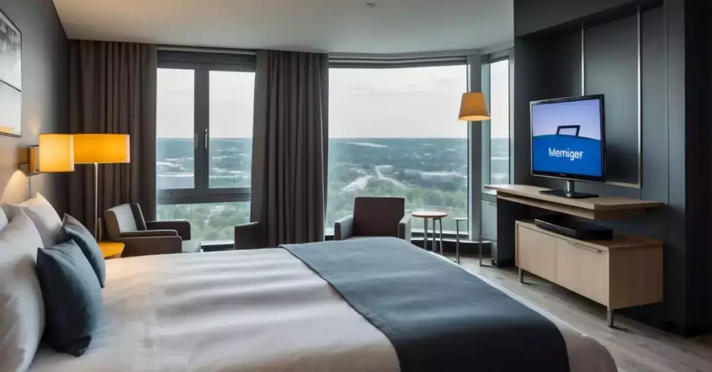 The room at Meininger Hotel Frankfurt Main Airport features modern technology, including a flat-screen TV, high-speed internet, and a sleek, minimalist design