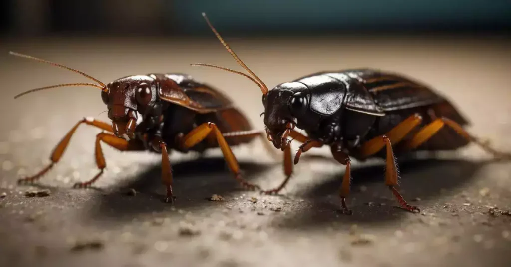 Two cockroaches, one German and one American, scurrying across a dirty kitchen floor, each displaying distinct behaviors and movements