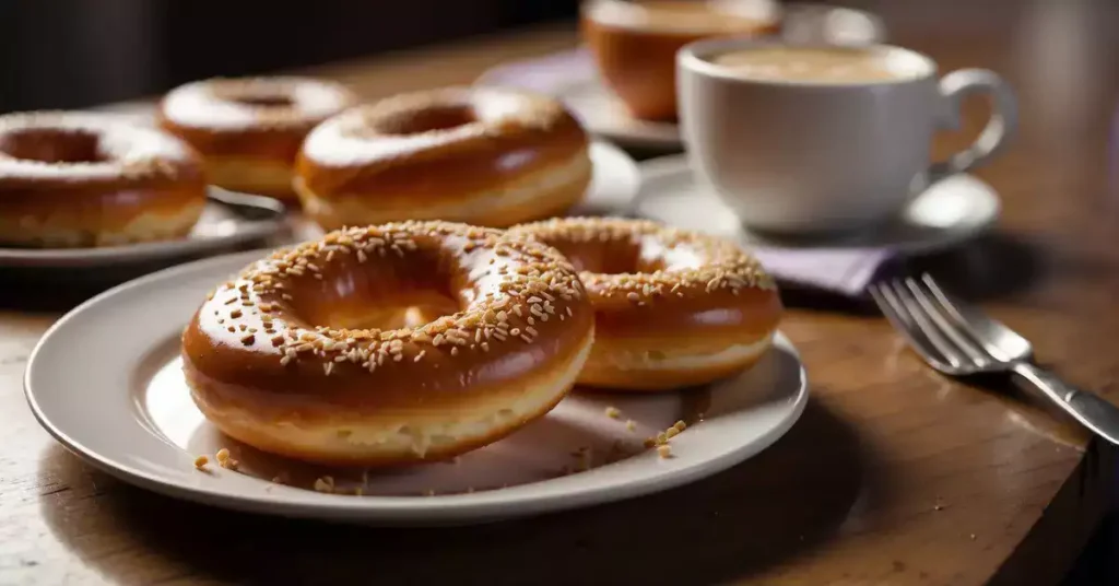 A plate of Bavarian kreme donuts sits on a table, with a few crumbs scattered around. A fork and napkin are nearby, and a cup of coffee steams in the background