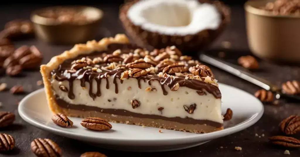 Melted chocolate and coconut mixture spread over a layer of rich, buttery crust, topped with chopped pecans