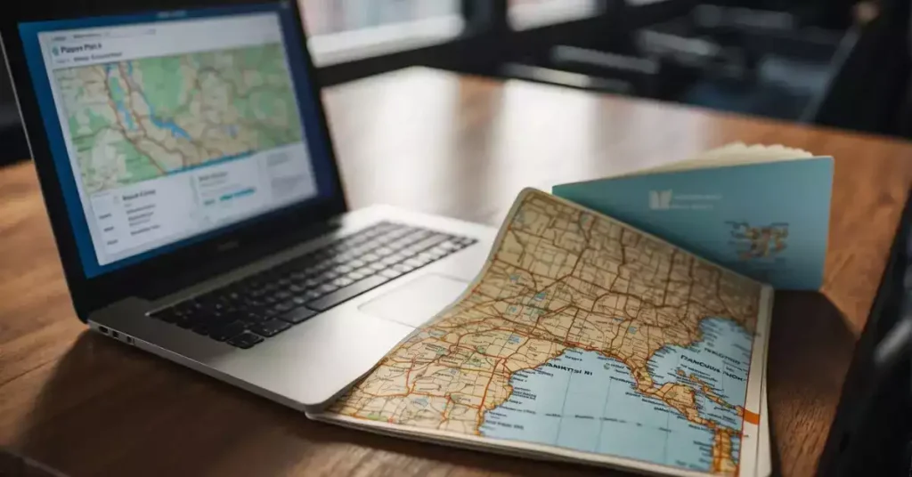Passport and boarding pass on a table, with a map of NYC and Frankfurt, and a laptop open to a travel website