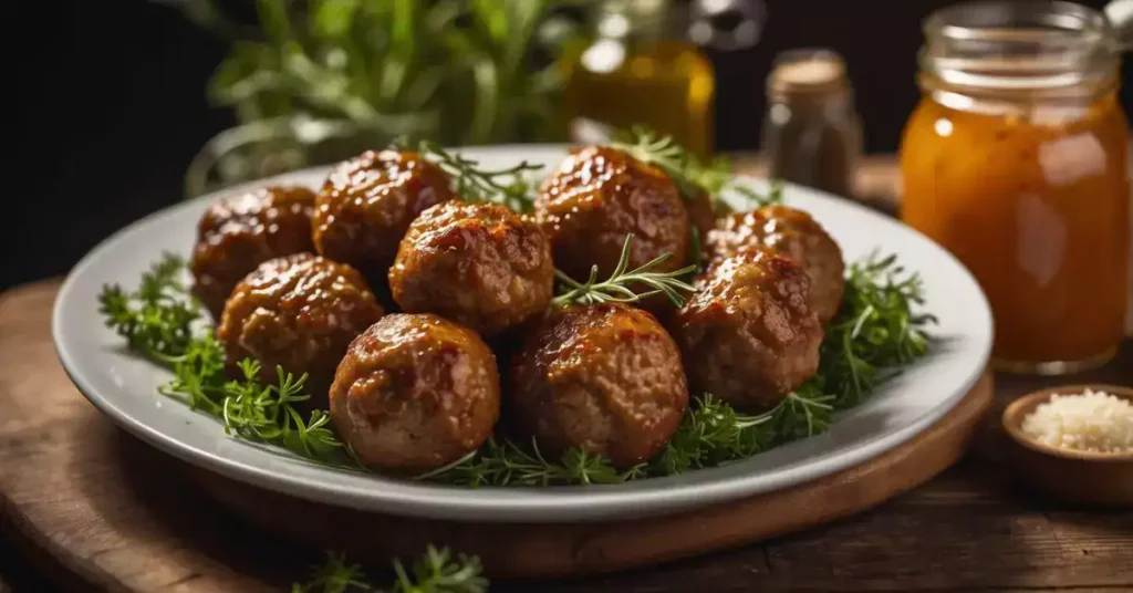 A plate of German meatballs sits on a wooden table, surrounded by fresh herbs and spices. A jar of homemade sauce and a container of pickles are nearby