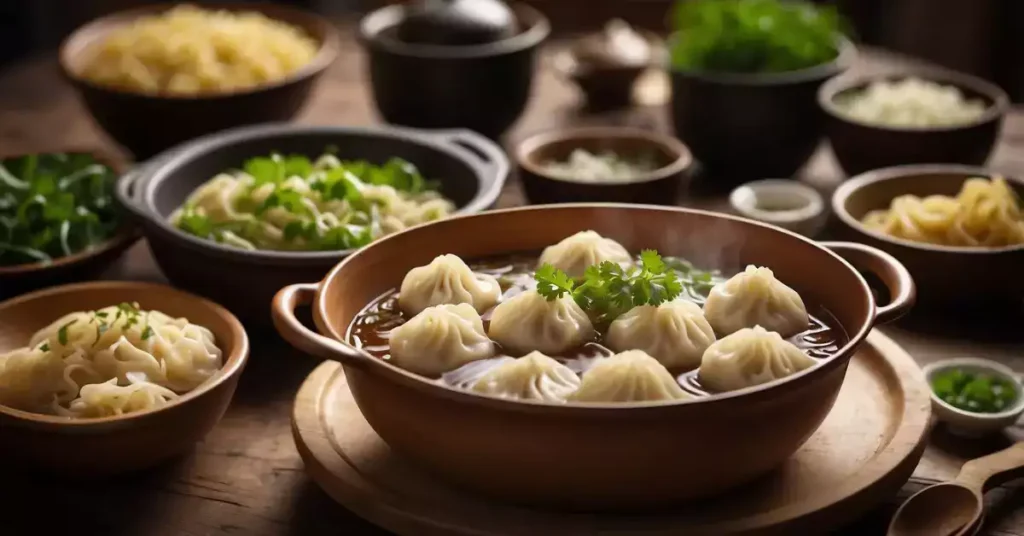 A table set with steaming dumplings and noodles, surrounded by traditional German side dishes