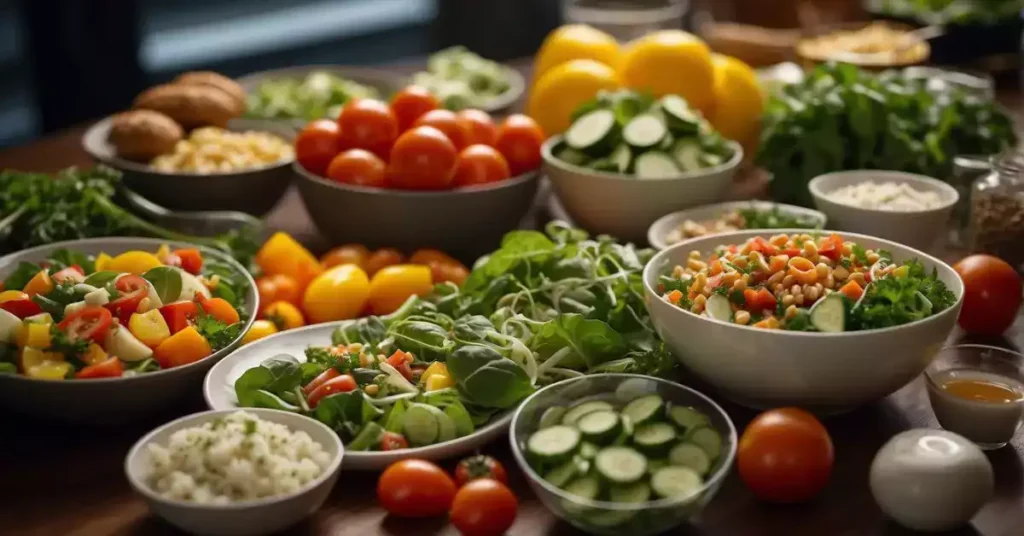 A variety of vibrant salads and fresh vegetables are displayed on a table, with German side dishes arranged neatly alongside them