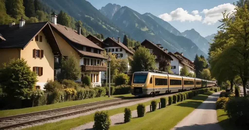 A train passing through the picturesque village of Oberammergau, with traditional Bavarian houses and the Alps in the background