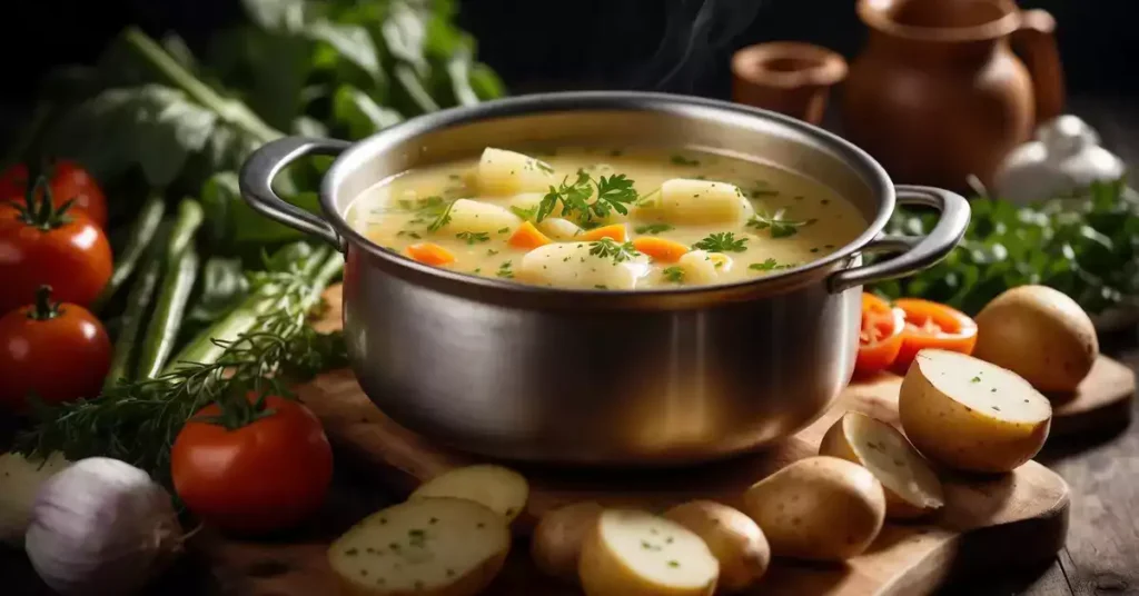 A pot of German potato soup simmers on a stovetop.
