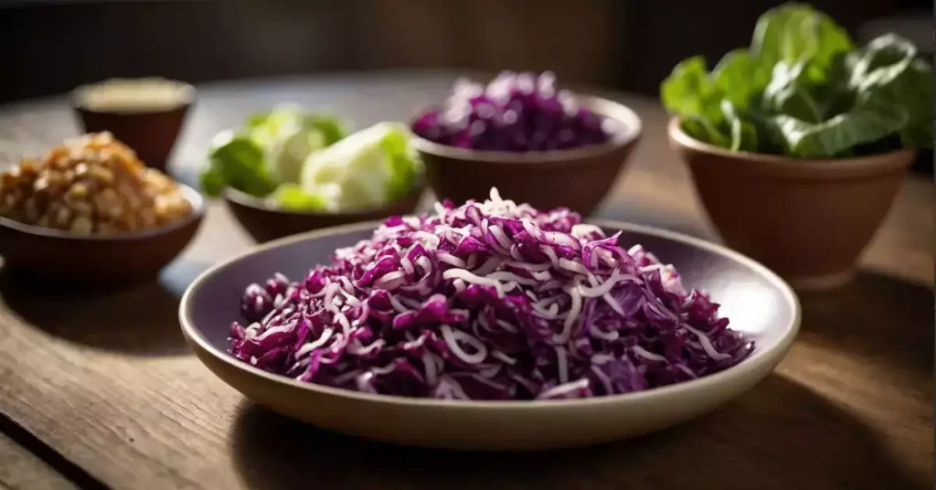 A table set with red cabbage, sauerkraut, and cabbage salad in traditional German pottery