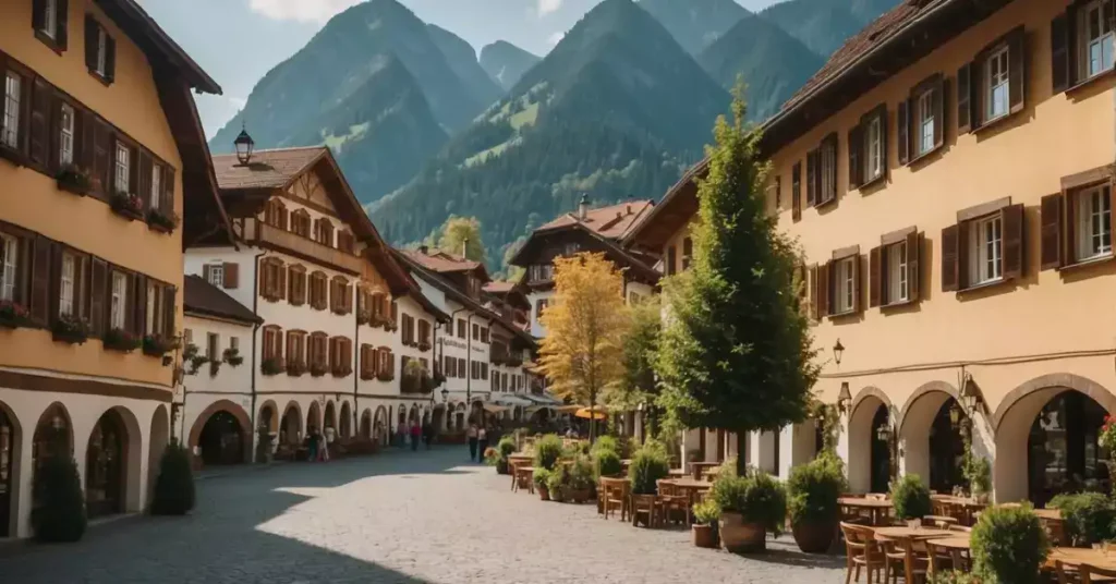 Vibrant buildings, ornate frescoes, and traditional Bavarian architecture fill the streets of Oberammergau, Germany. The town is surrounded by lush greenery and the majestic Bavarian Alps, creating a picturesque cultural scene
